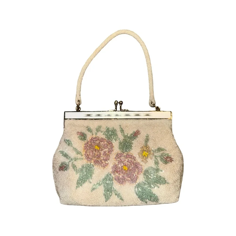 CMC Taiwan Beaded Handbag Womens White 1950s‎ Floral Kiss Lock Evening Bag